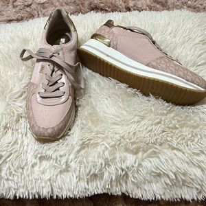 Super cute Michael Kors blush sneakers with gold accents and mauve MK pattern.